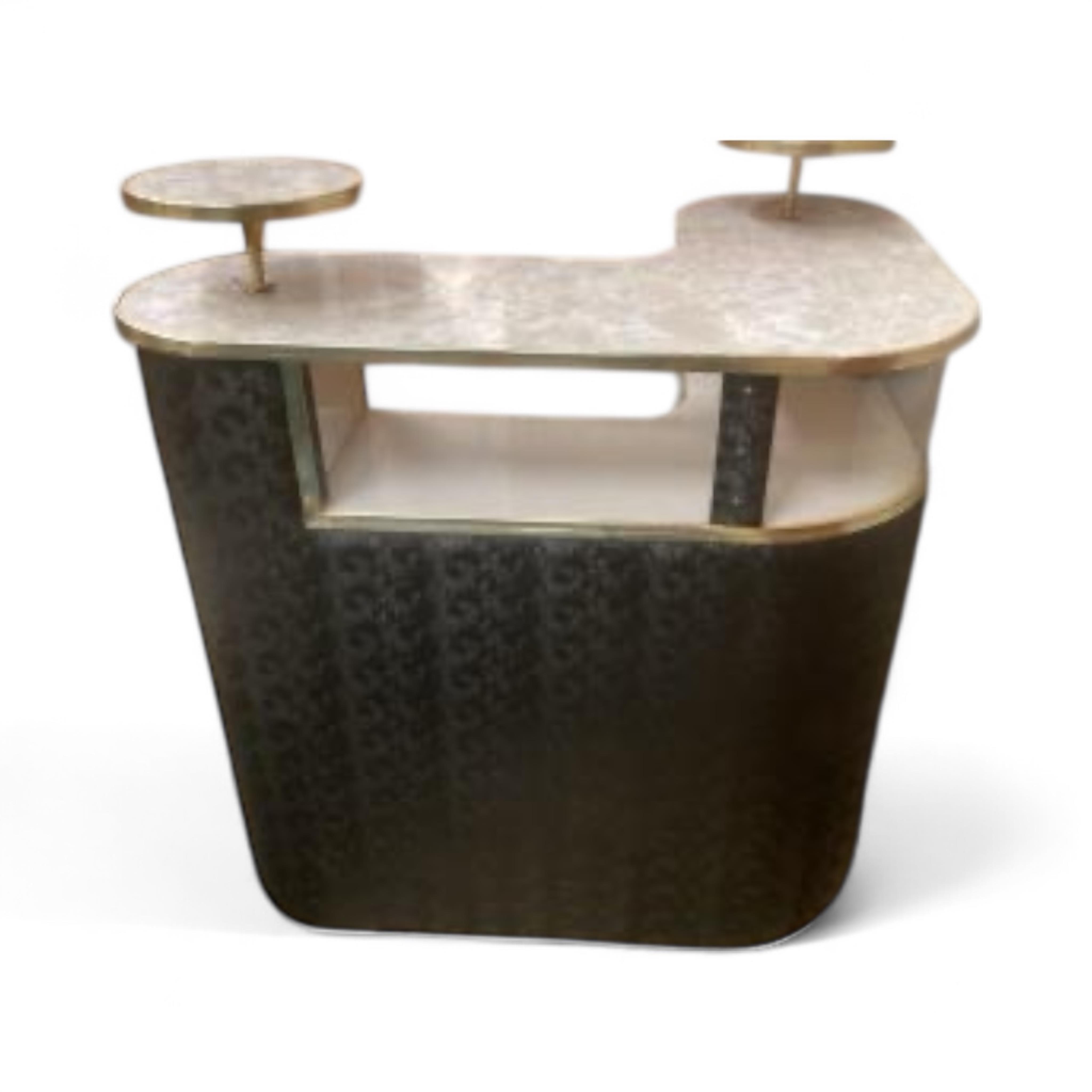 A 1970's formica and black fabric bar unit, width 88cm, depth 88cm, height 64cm, height 102cm